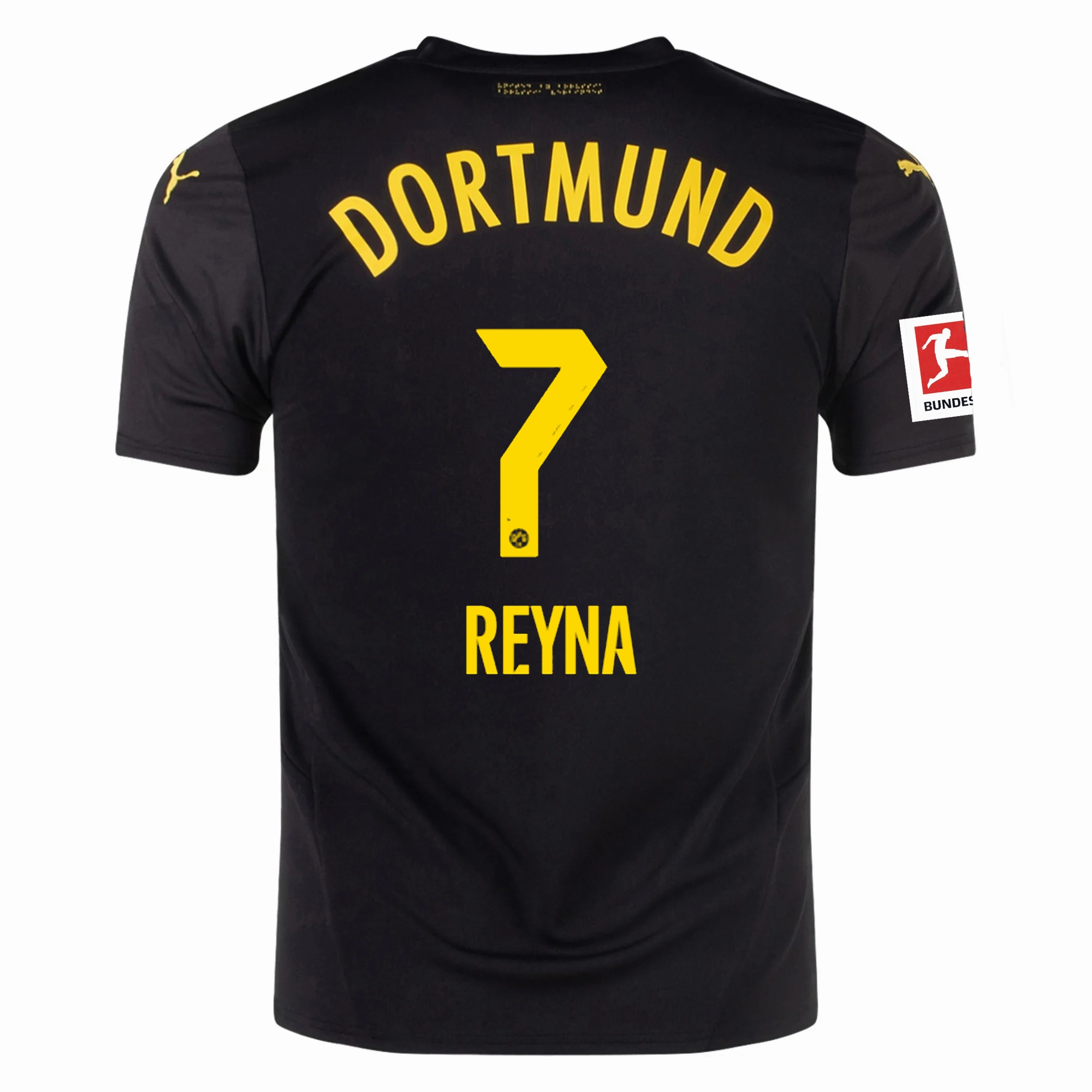 Puma Borussia Dortmund Gio Reyna Away Jersey w/ Bundesliga Patch 24/25 (Puma Black/Faster Yellow) Comfort Fit Collar