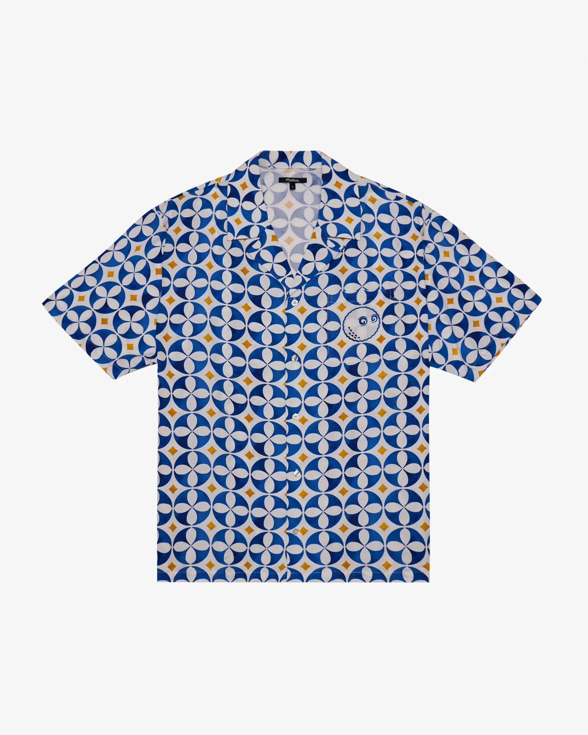 Malbon "Riviera Camp Collar Shirt" M - White / Blue / Gold MoistureWicking Technology