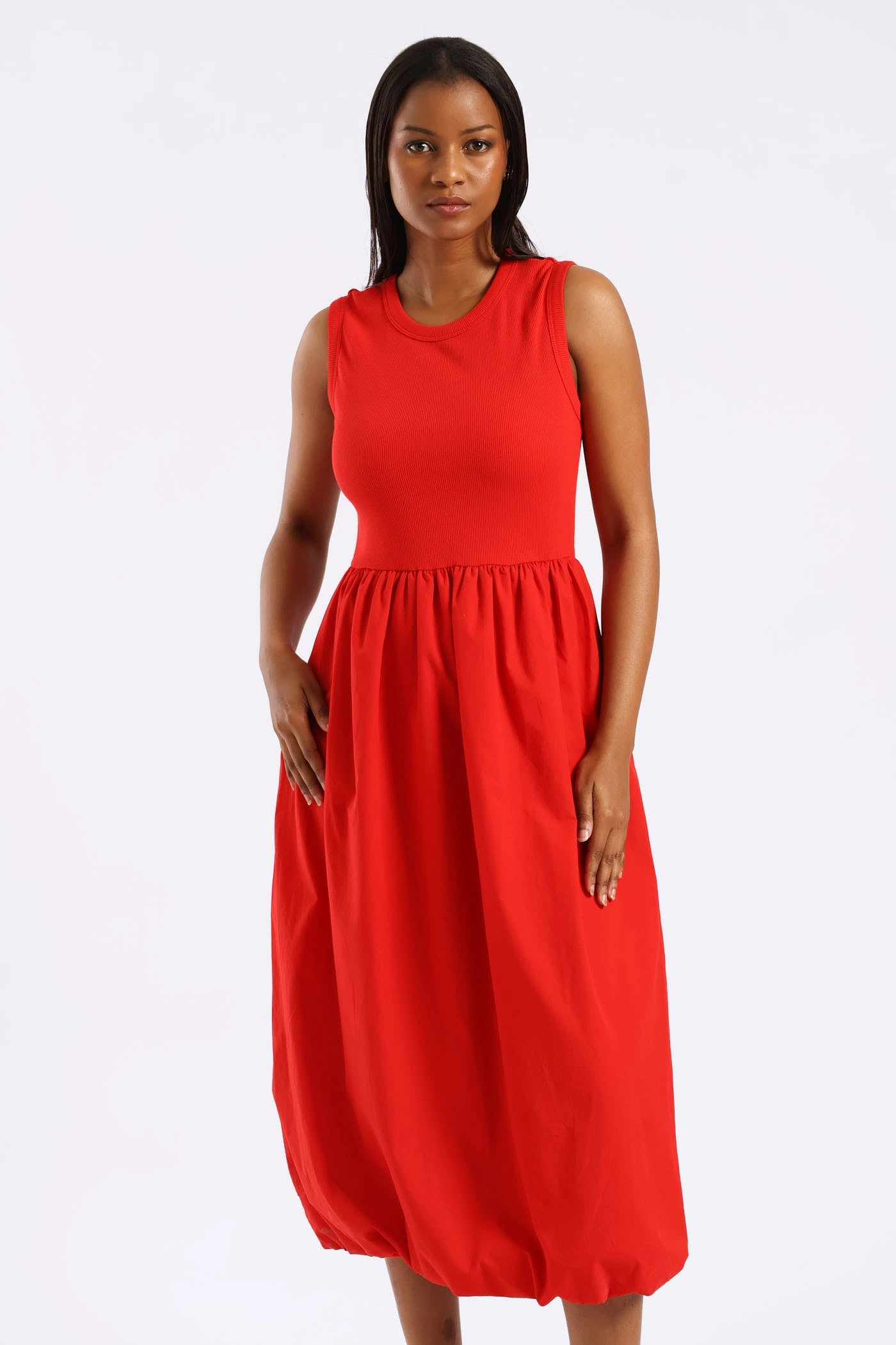 Rib Combo Bubble Hem Midaxi Dress - Mid Red Sleek Appearance