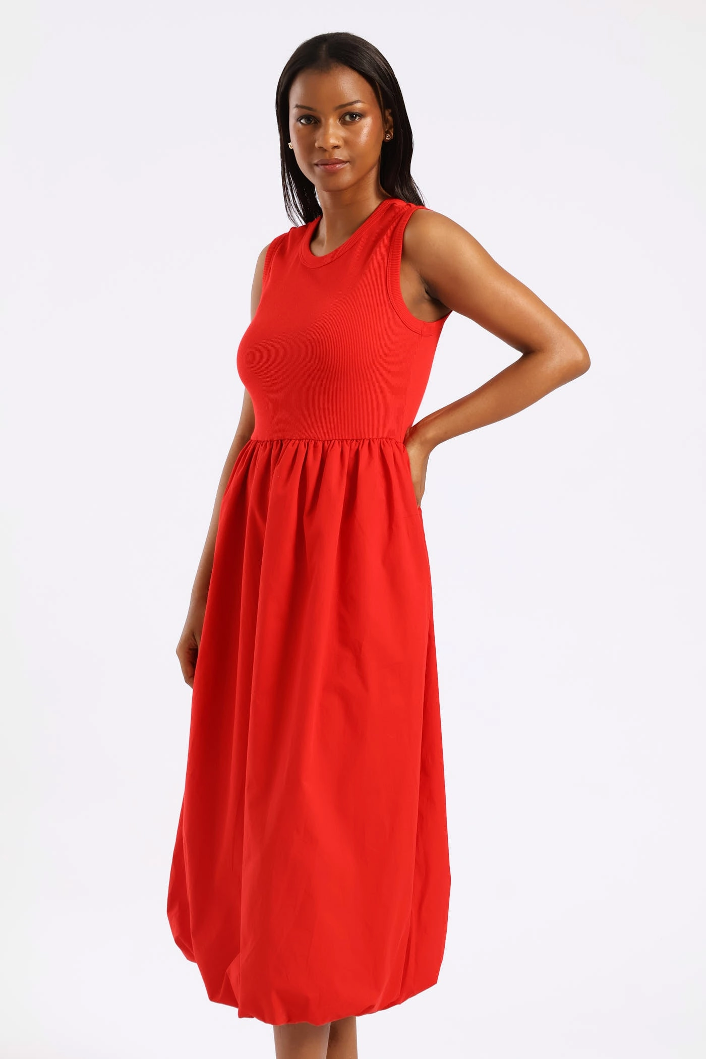 Rib Combo Bubble Hem Midaxi Dress - Mid Red Travel-friendly