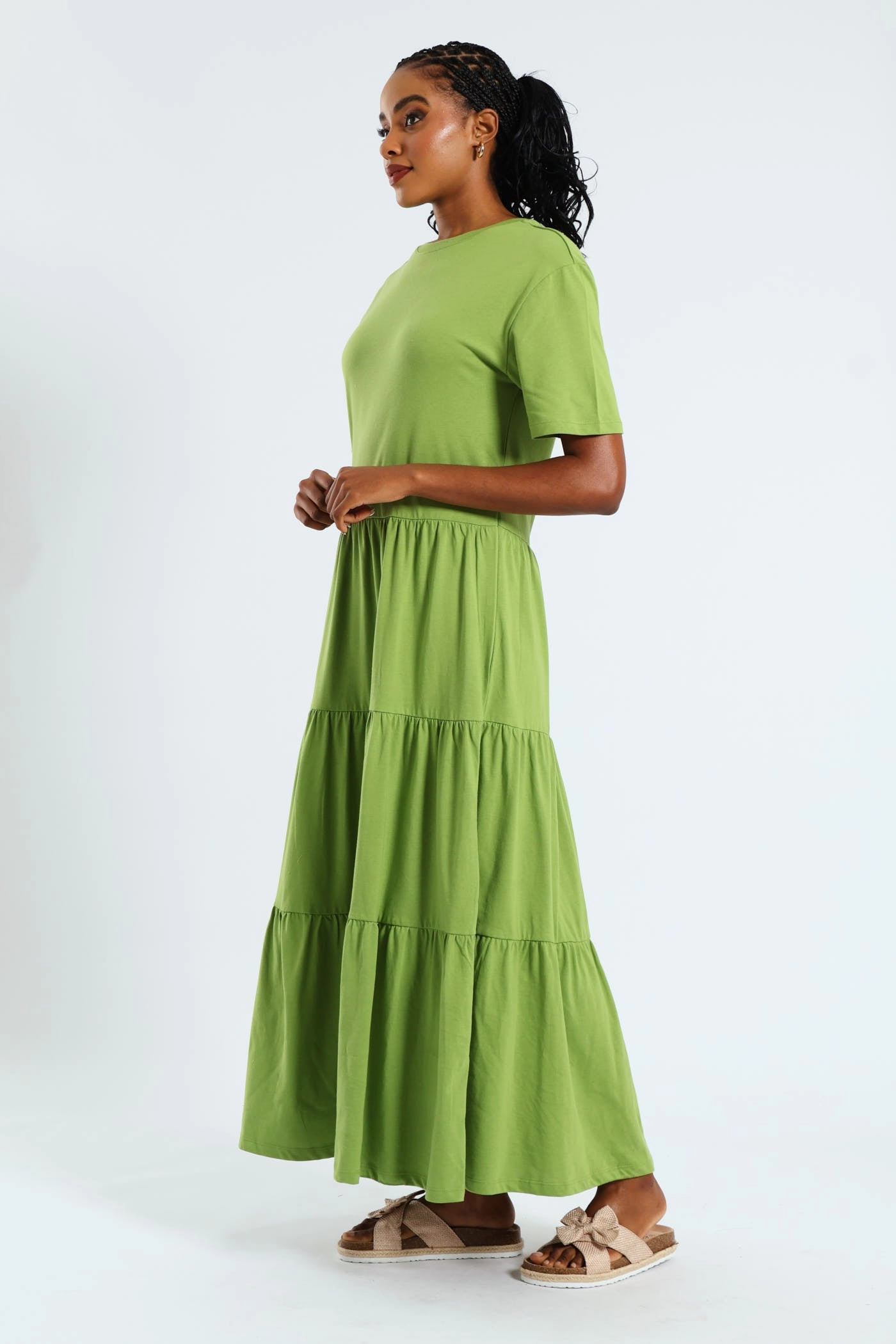 Vintage Vibe Rib Neck Tiered Cotton Midaxi Dress - Chartreuse