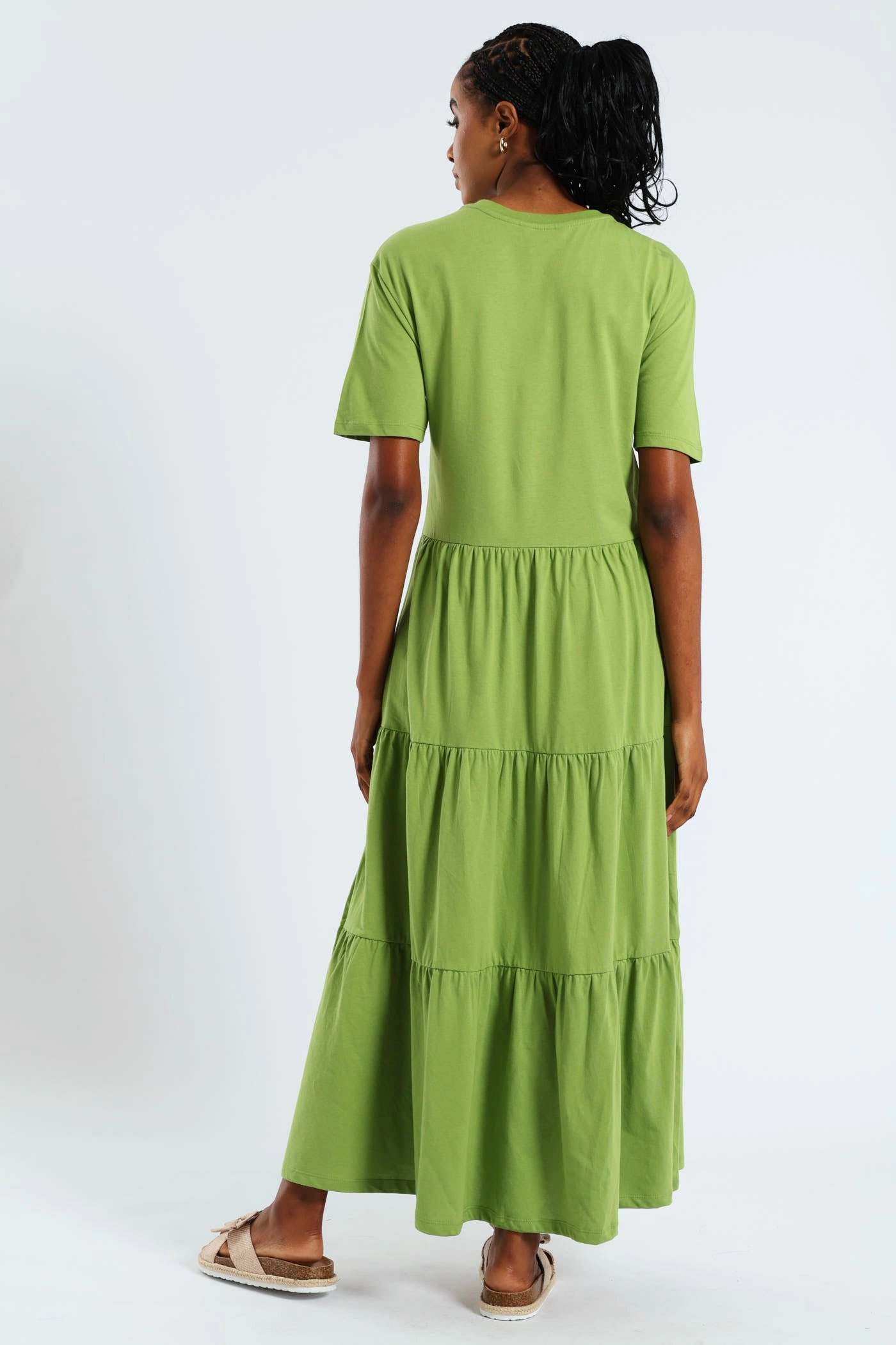 Striped-Pattern Fashion-forward day dress Rib Neck Tiered Cotton Midaxi Dress - Chartreuse