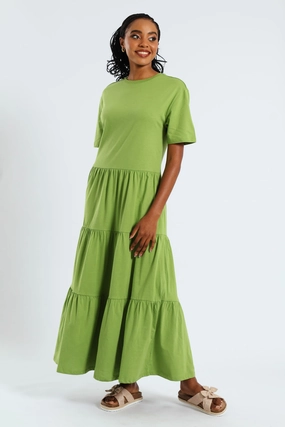 Rib Neck Tiered Cotton Midaxi Dress - Chartreuse Relaxed and Effortless