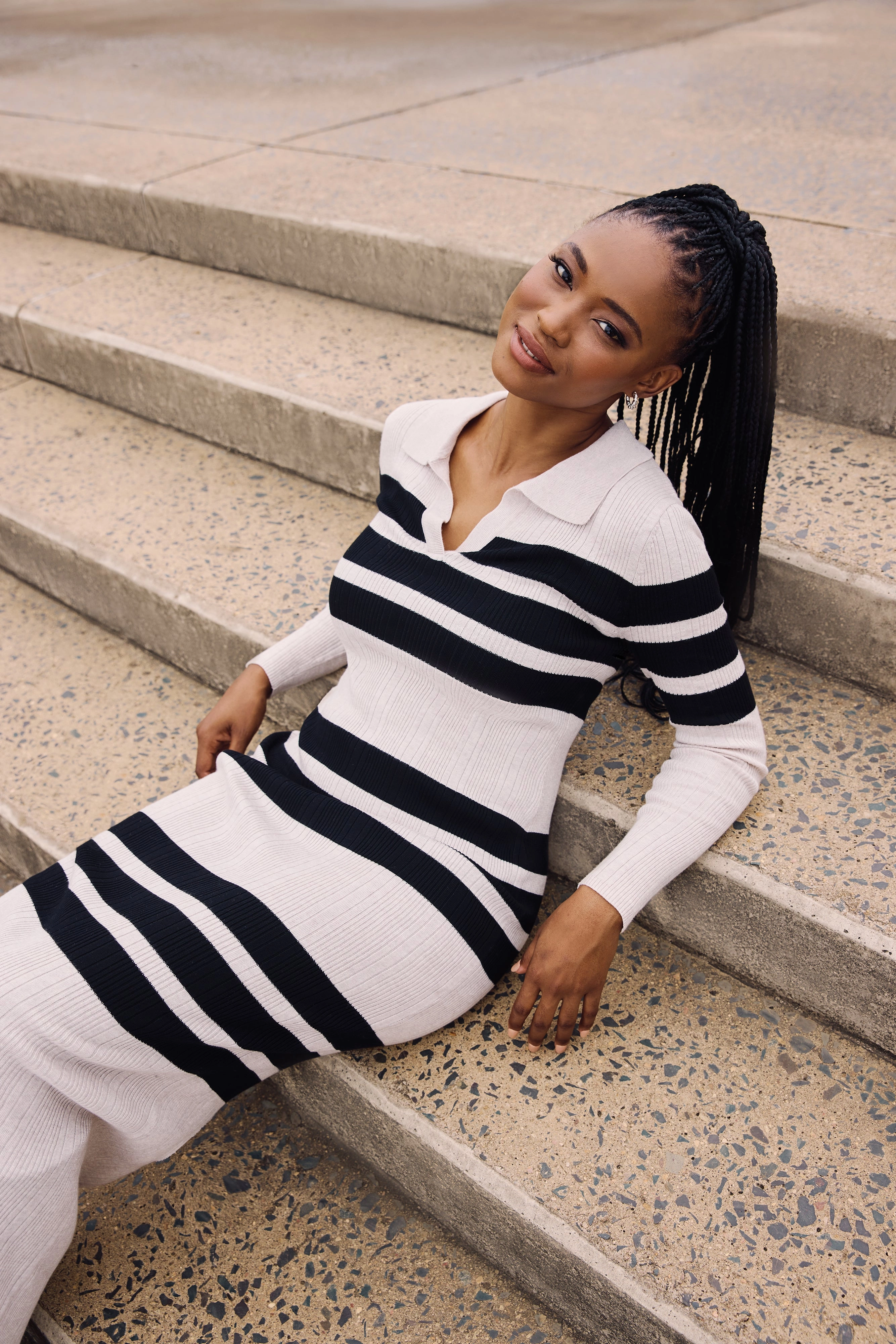 Tonal-Stitching Jewel-Tone Rugby Jersey Maxi Dress - Cream/Black