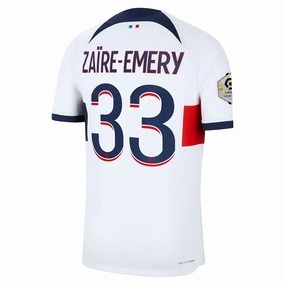 Stretch Material Zero Slip Inner Layer Nike Paris Saint-Germain Authentic Zaire-Emery Match Vaporknit Away Jersey w/ Ligue 1 Patch 23/24 (White/Midnight Navy)