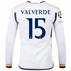 Slim Fit Design Wrinkle Resistant Material adidas Real Madrid Long Sleeve Federico Valverde Home Jersey w/ Champions League   Club World Cup Patches 23/24 (White)