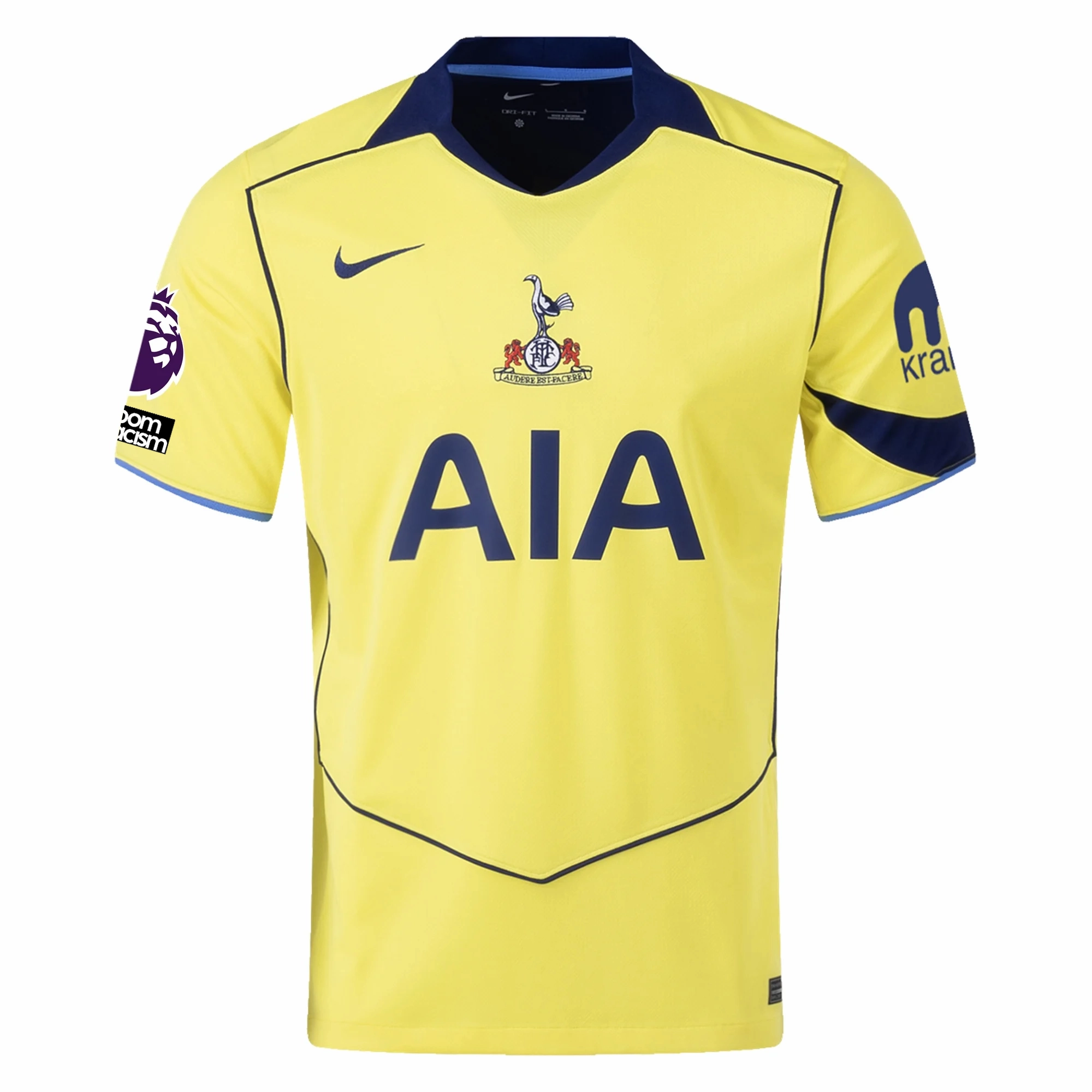 Nike Men's Tottenham T90 Third Jersey w/ EPL   No Room For Racism 25/26 (Dynamic Yellow/Blue Void) High Durability Weave