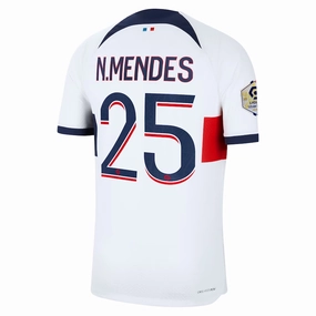 Raglan Sleeve Cut Non Slip Hem Nike Paris Saint-Germain Authentic Nuno Mendes Match Vaporknit Away Jersey w/ Ligue 1 Patch 23/24 (White/Midnight Navy)