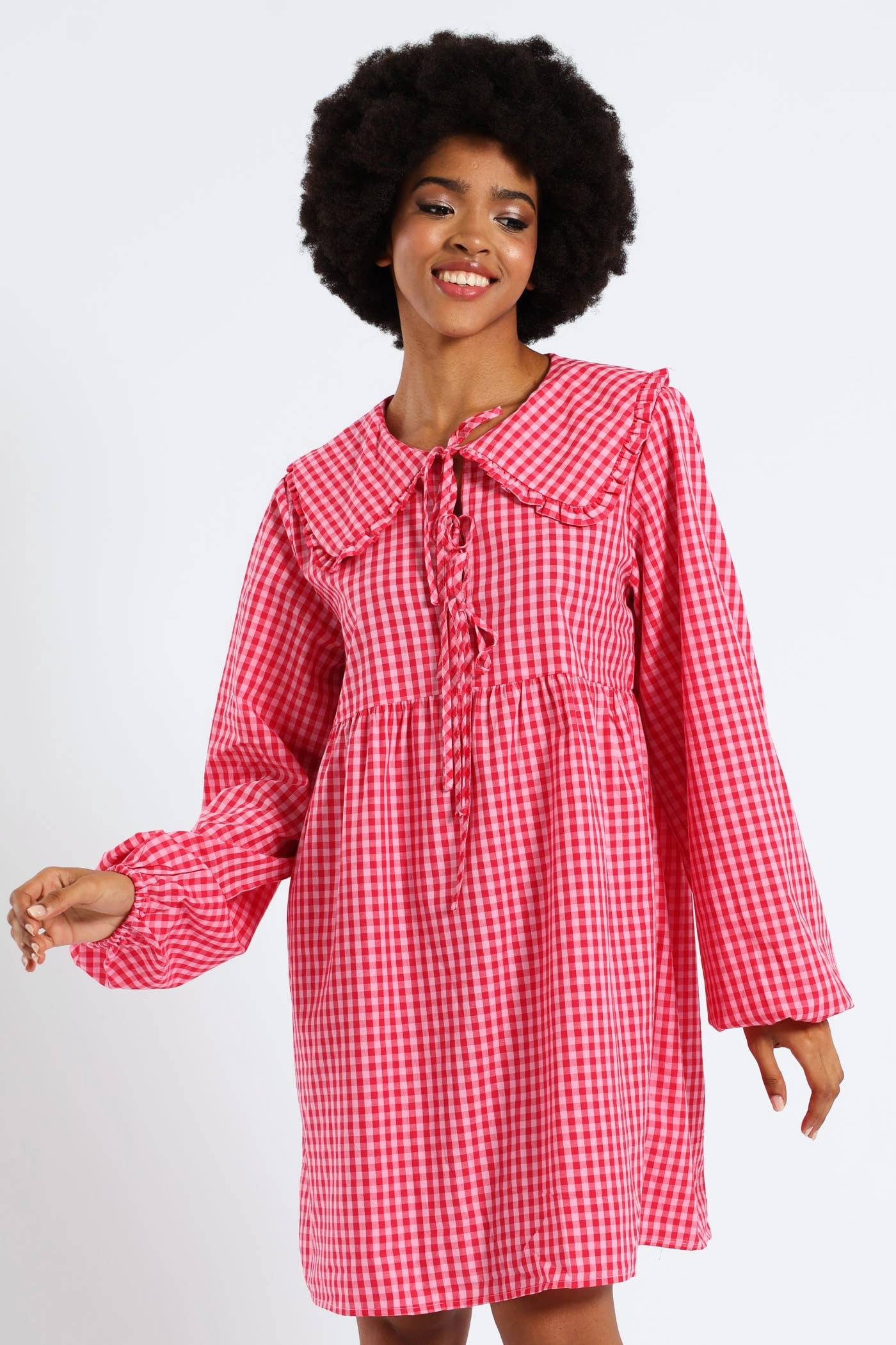 Style Ease Bow & Collar Gingham Mini Dress - Red