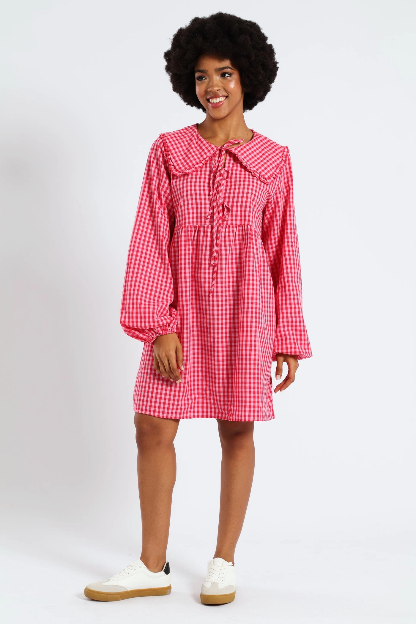 Bow & Collar Gingham Mini Dress - Red Mood Comfort