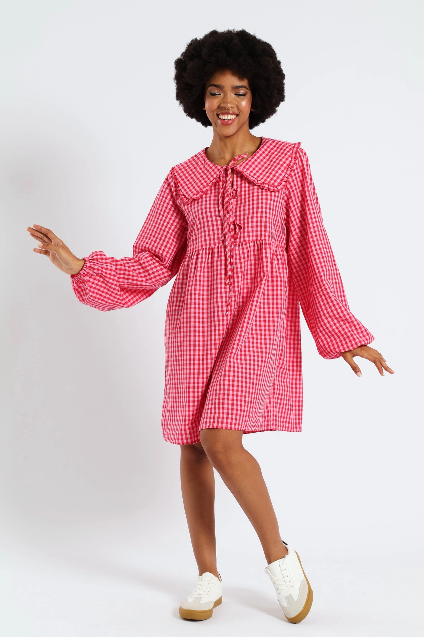 Rhinestone-Detail Evening Look Bow & Collar Gingham Mini Dress - Red