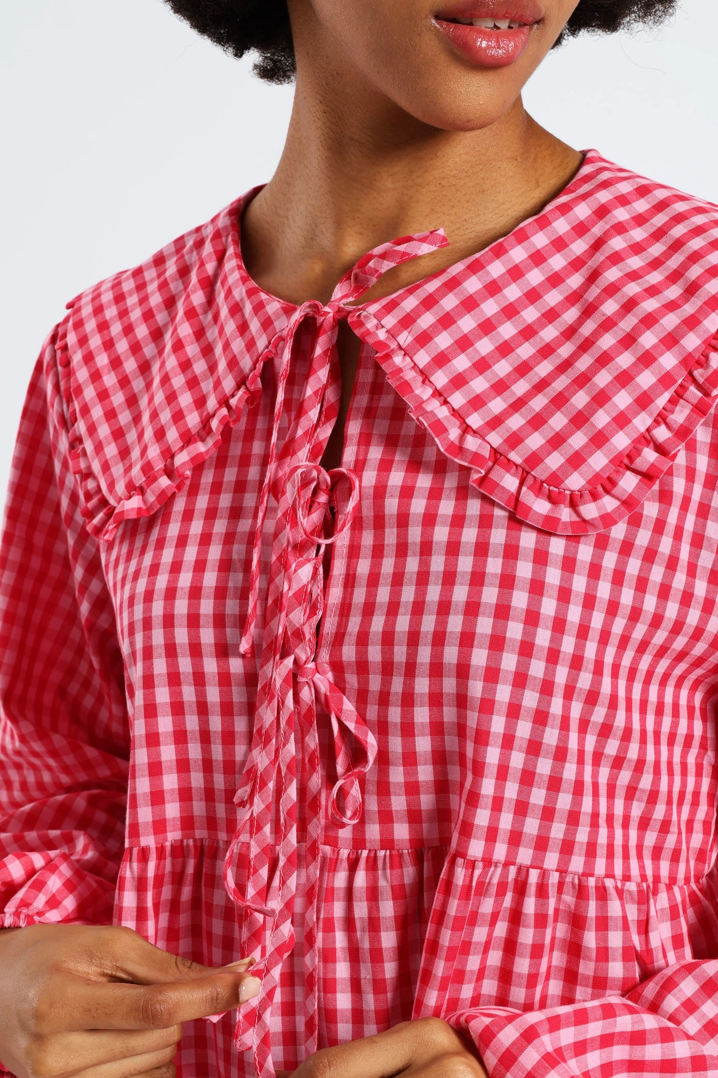 Bow & Collar Gingham Mini Dress - Red Stylish Vibe Comfy and Elegant