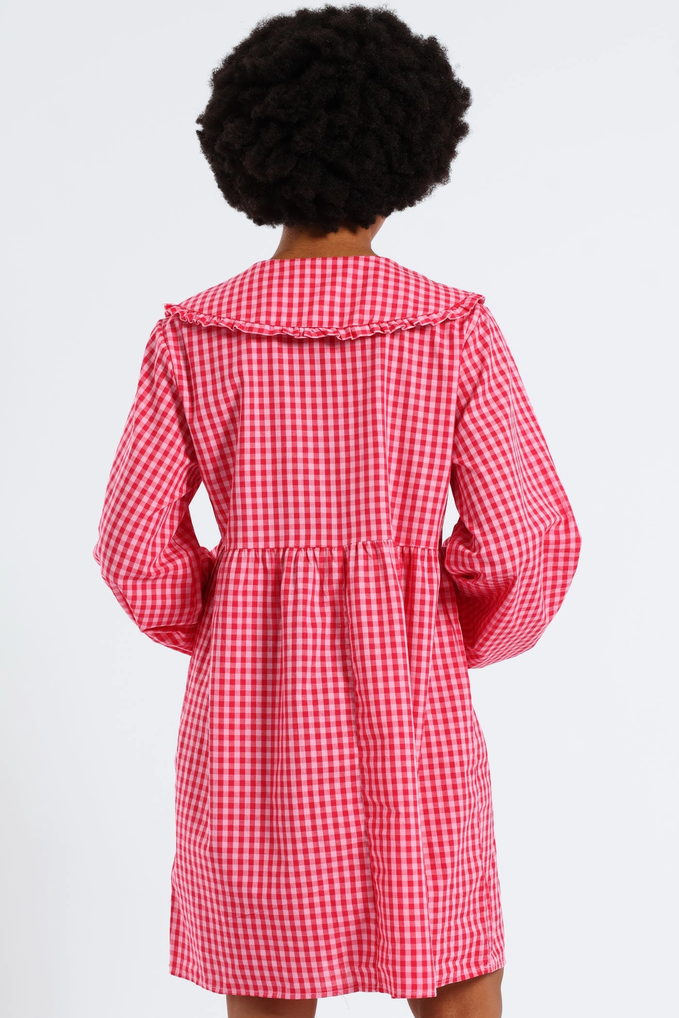 Bow & Collar Gingham Mini Dress - Red Kimono-Sleeve Front Ruffle