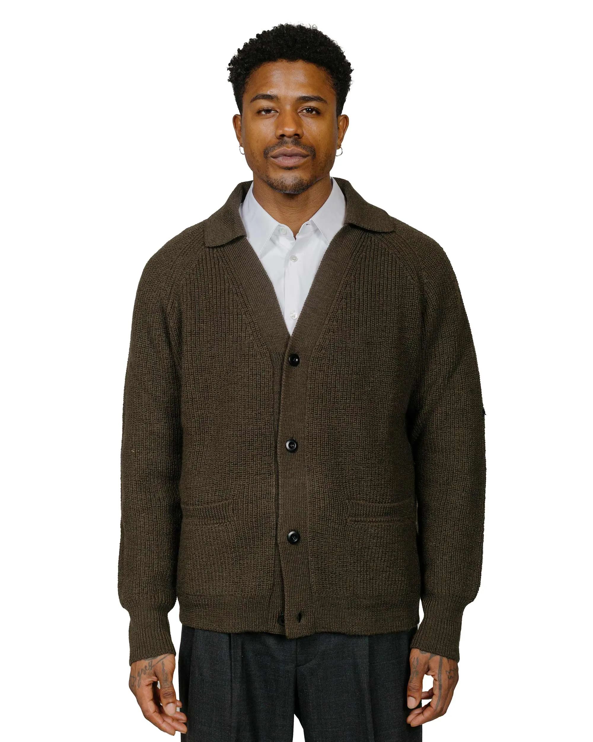 Easy Care MHL Collared Cardigan Virgin Wool Dark Olive
