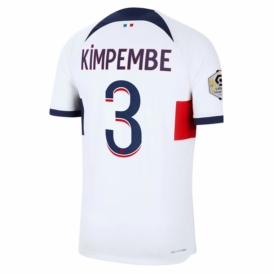 Comfort Stretch Fit Nike Paris Saint-Germain Authentic Kimpembe Hakimi Match Vaporknit Away Jersey w/ Ligue 1 Patch 23/24 (White/Midnight Navy)