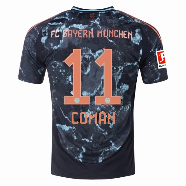 High Stretch Recovery Lightweight Core Spacing adidas Bayern Munich Kingsley Coman Away Jersey w/ Bundesliga Patch 24/25 (Black/Copper/Blue)