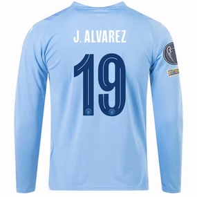 Puma Manchester City Julian Alvarez Home Long Sleeve Jersey w/ Champions League   Club World Cup Patches 23/24 (Team Light Blue/Puma White) Reflective Trim Detail