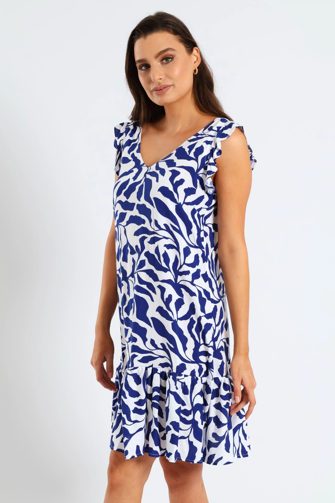 Basic Fashion V-Neck Frill Sleeve Drop Hem Tie Detail Printed Mini Dress - Navy/White
