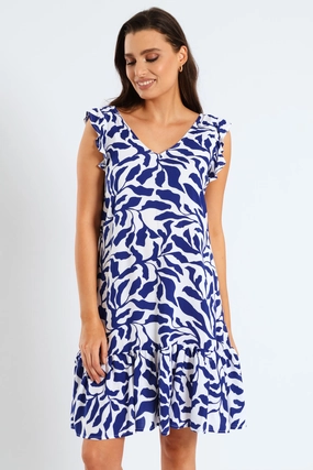 Flow Line Love Energy V-Neck Frill Sleeve Drop Hem Tie Detail Printed Mini Dress - Navy/White