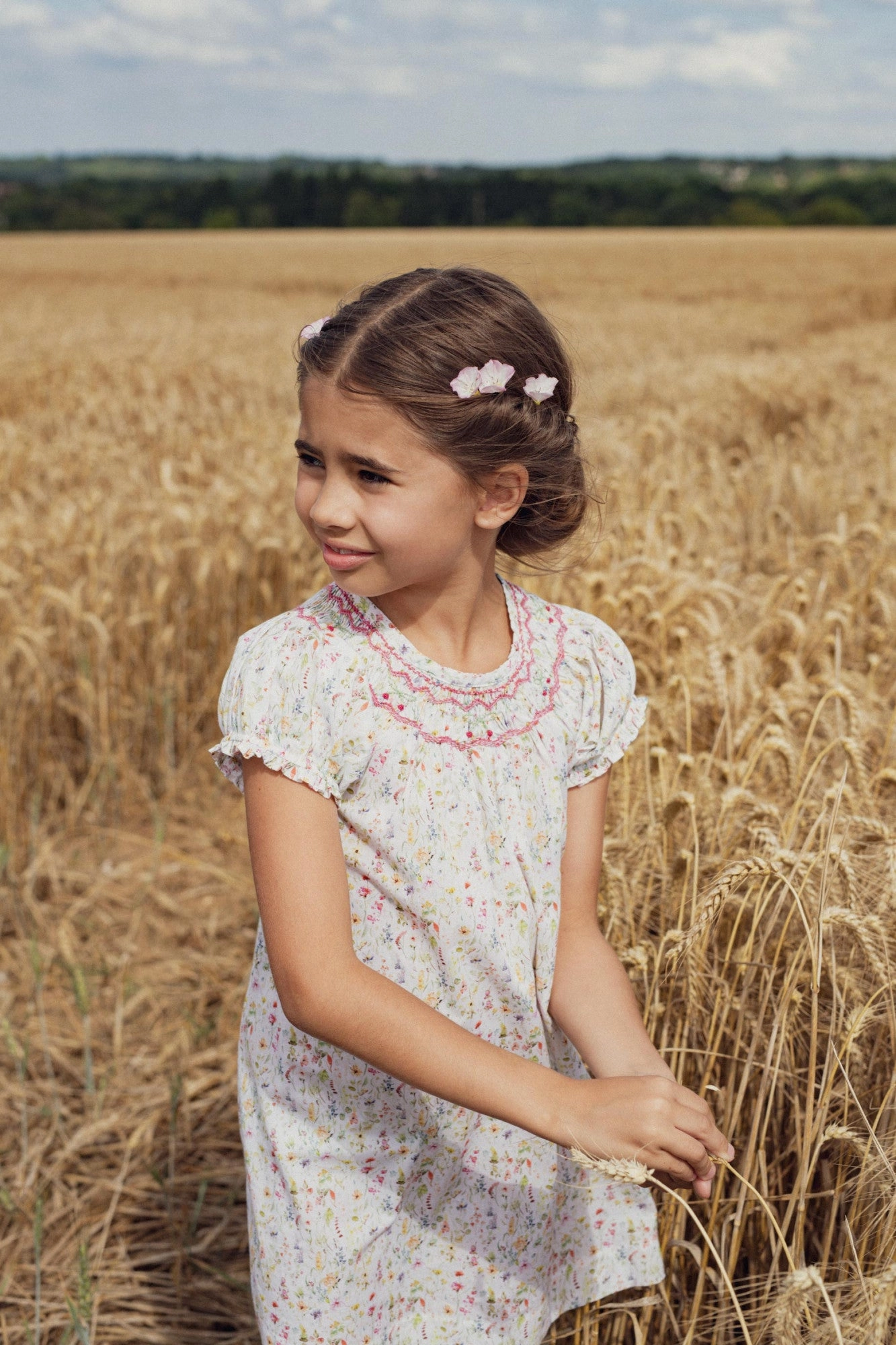 Marie Puce Cherry Smocked Dress, Meadow Flowers Gentle Texture