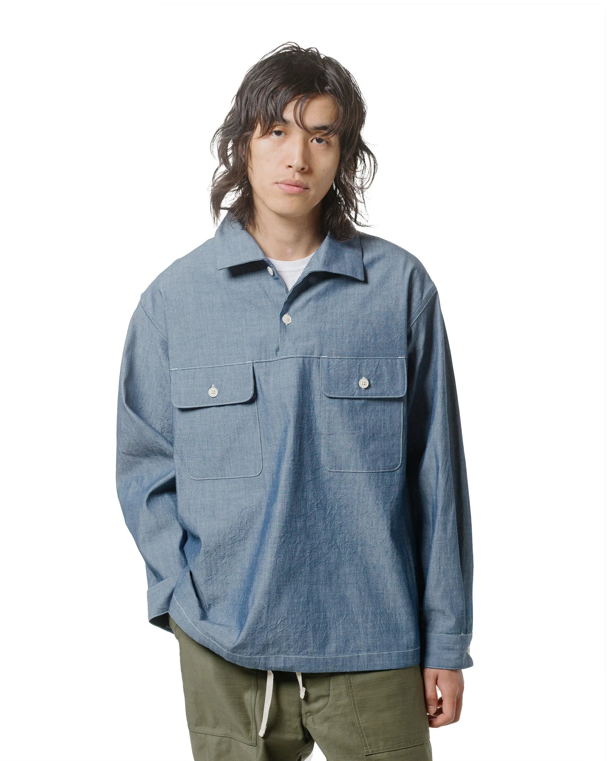 Engineered Garments Workaday Jumper Shirt Indigo Cotton Chambray Weekend Vibes Streamlined Design