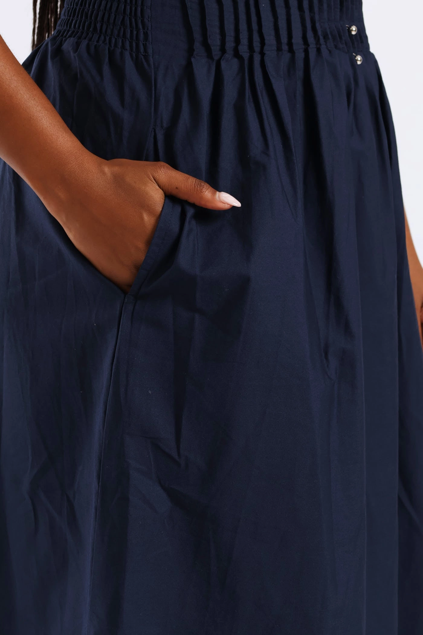 Pintuck Waist Boat Neck Fit & Flare Midaxi Dresses - Navy Flow Friendly Shape Retention