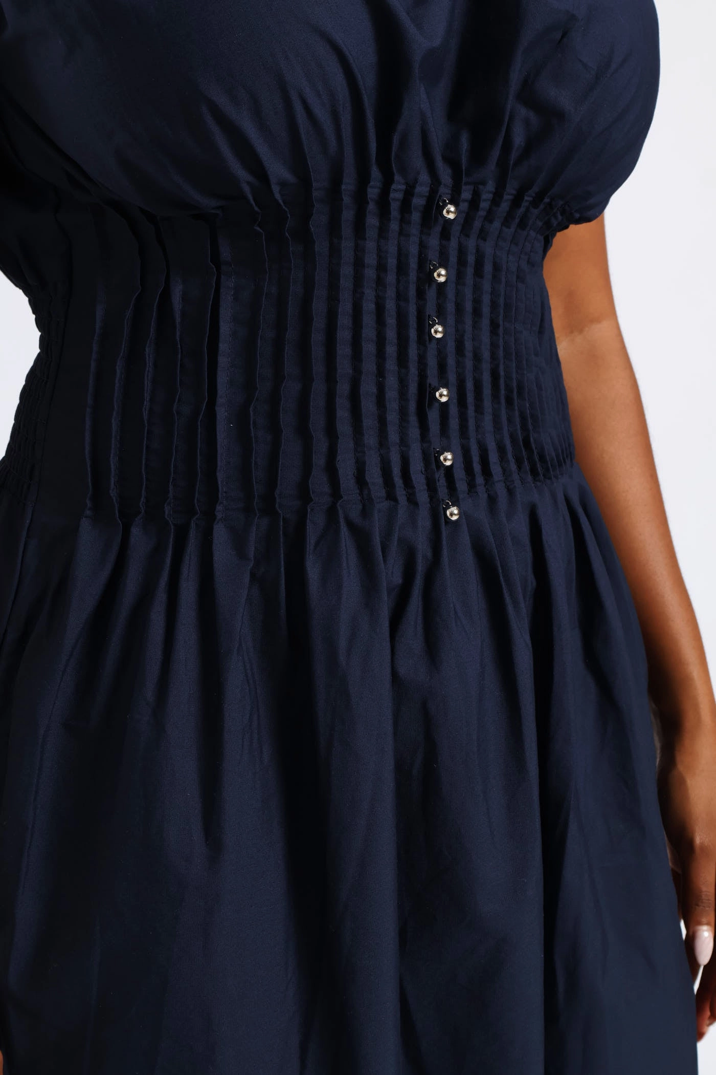 Pintuck Waist Boat Neck Fit & Flare Midaxi Dresses - Navy Perfect Wear Clasp-Closure