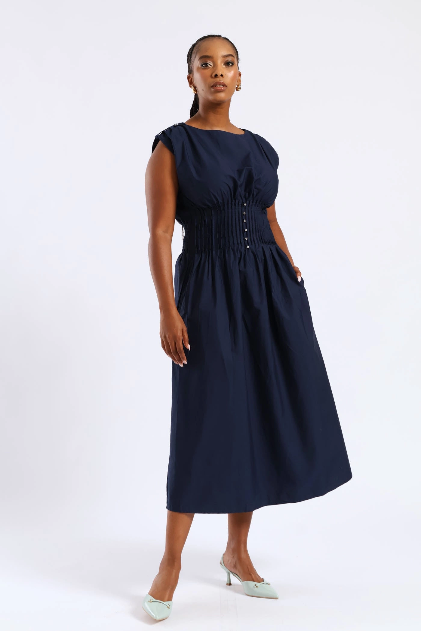Pintuck Waist Boat Neck Fit & Flare Midaxi Dresses - Navy Beach Moment