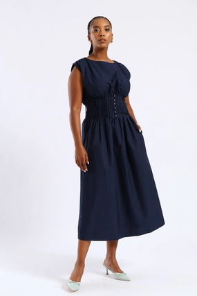 Pintuck Waist Boat Neck Fit & Flare Midaxi Dresses - Navy Beach Moment