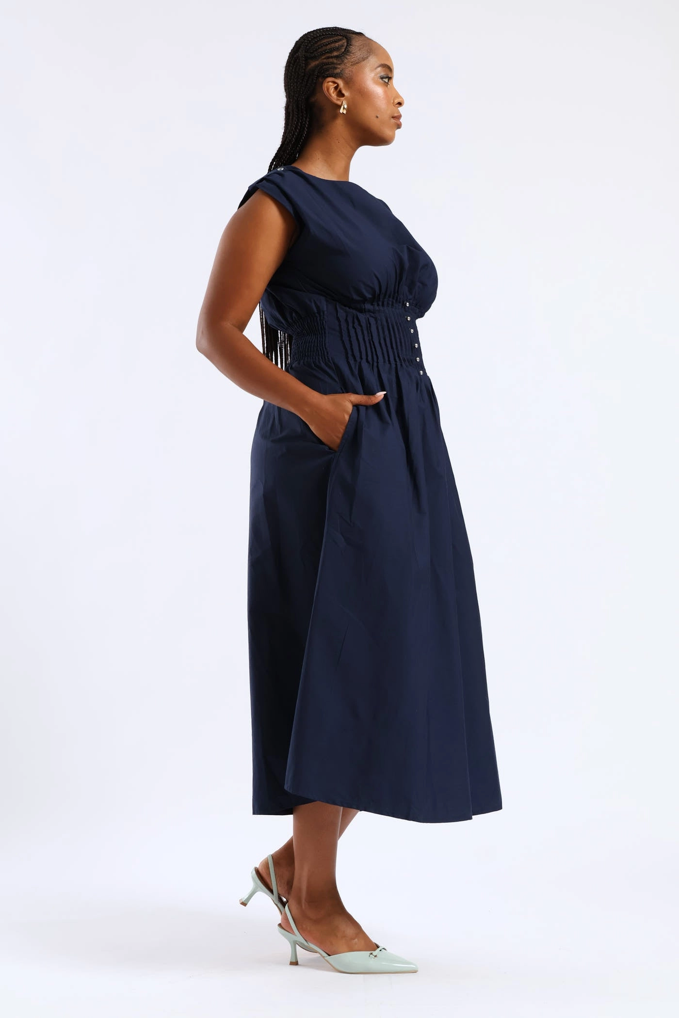 Playful Cut Pintuck Waist Boat Neck Fit & Flare Midaxi Dresses - Navy