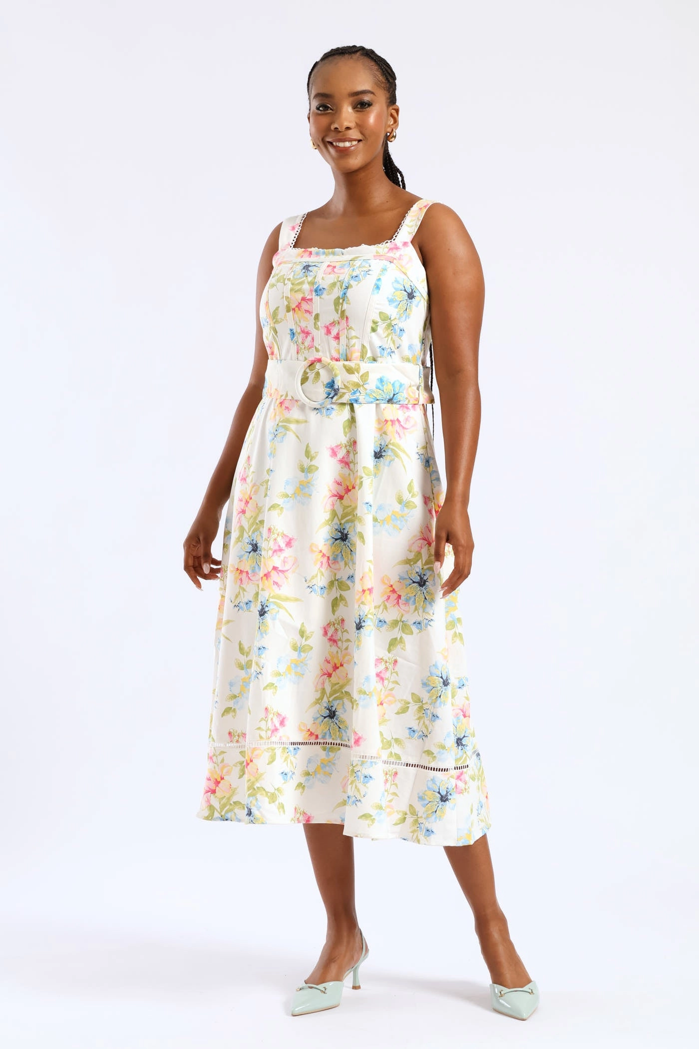 Full Coverage All Daywear Sleeveless Corset Bodice Linen Midiaxi Dress - Multi