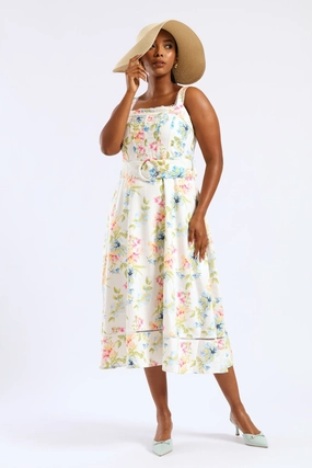 Sleeveless Corset Bodice Linen Midiaxi Dress - Multi Clean Edge