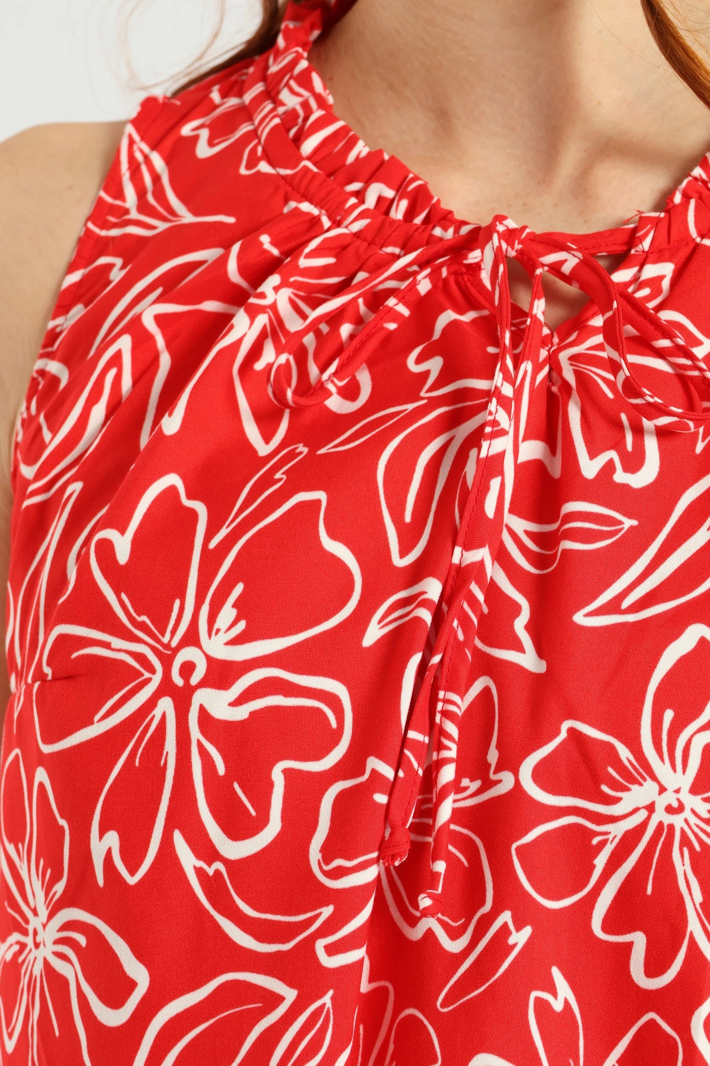 Sleeveless Printed Frill Neck Drop Hem Dress - White/Red Light Movement Daily Casual