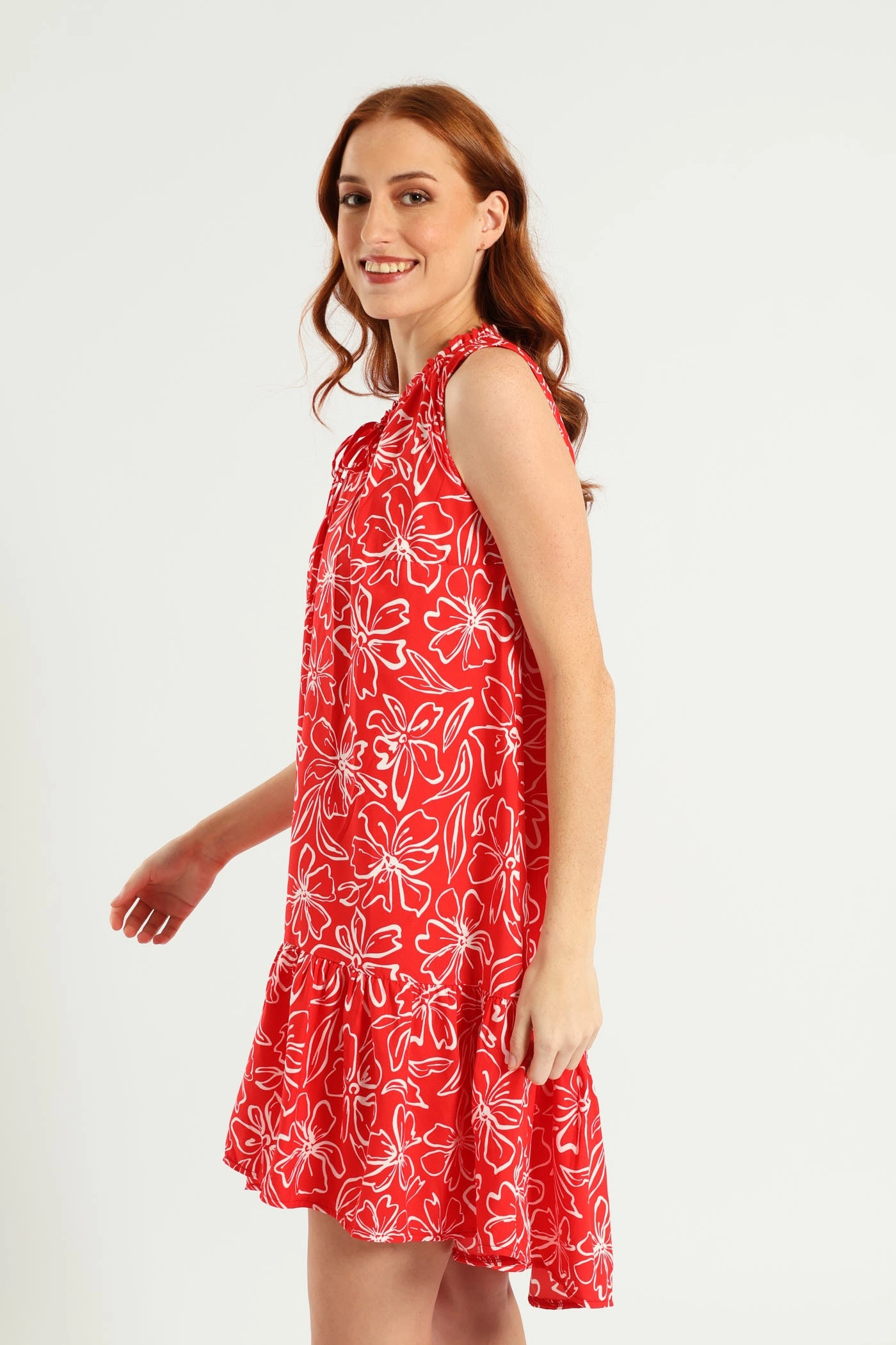 Sleeveless Printed Frill Neck Drop Hem Dress - White/Red Trendy Vibe Rose Flush