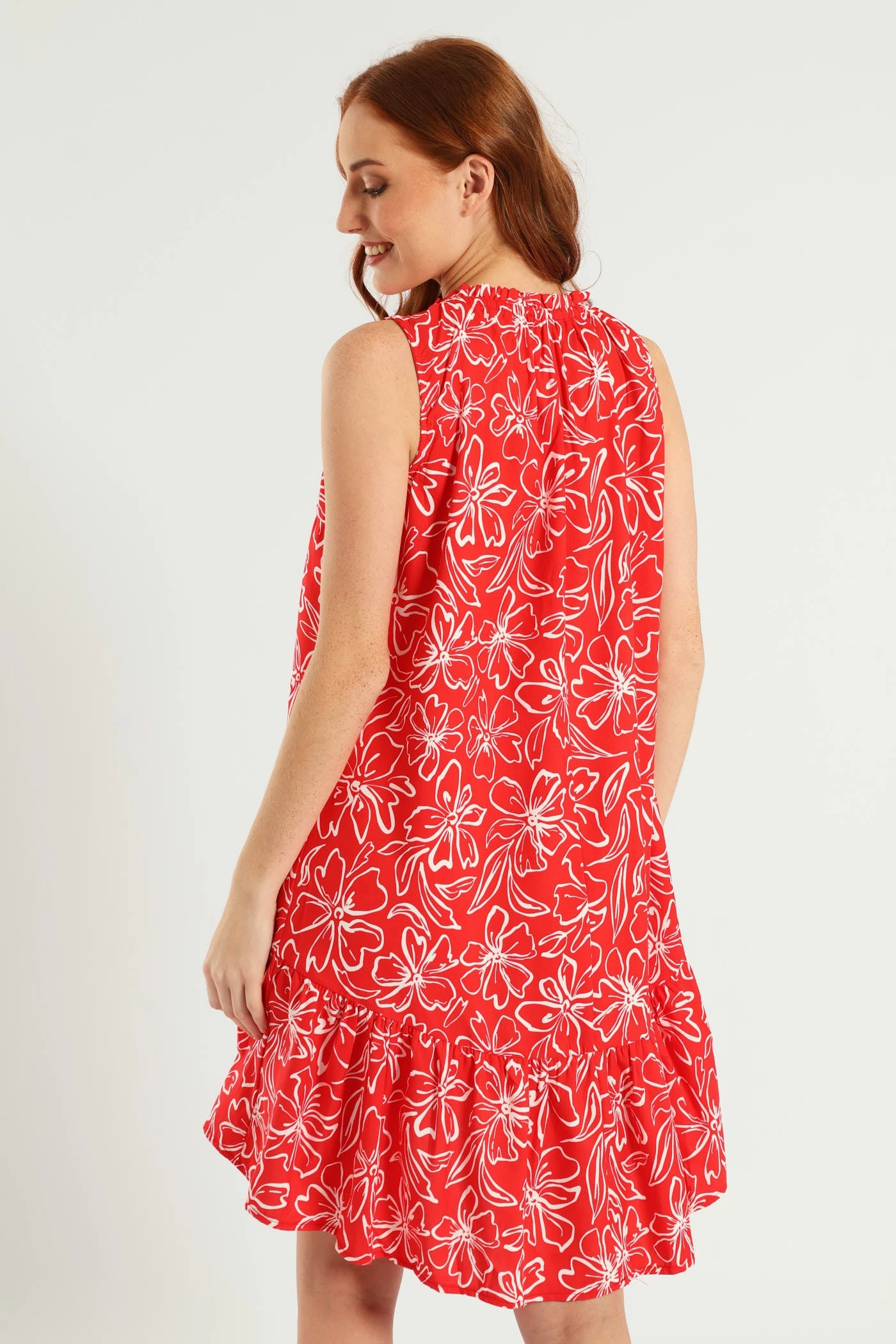 Sleeveless Printed Frill Neck Drop Hem Dress - White/Red Lightweight-Lining