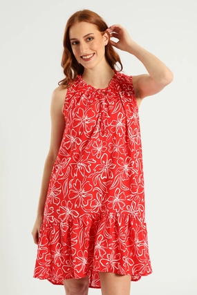 Sleeveless Printed Frill Neck Drop Hem Dress - White/Red and Effortless fit dress.