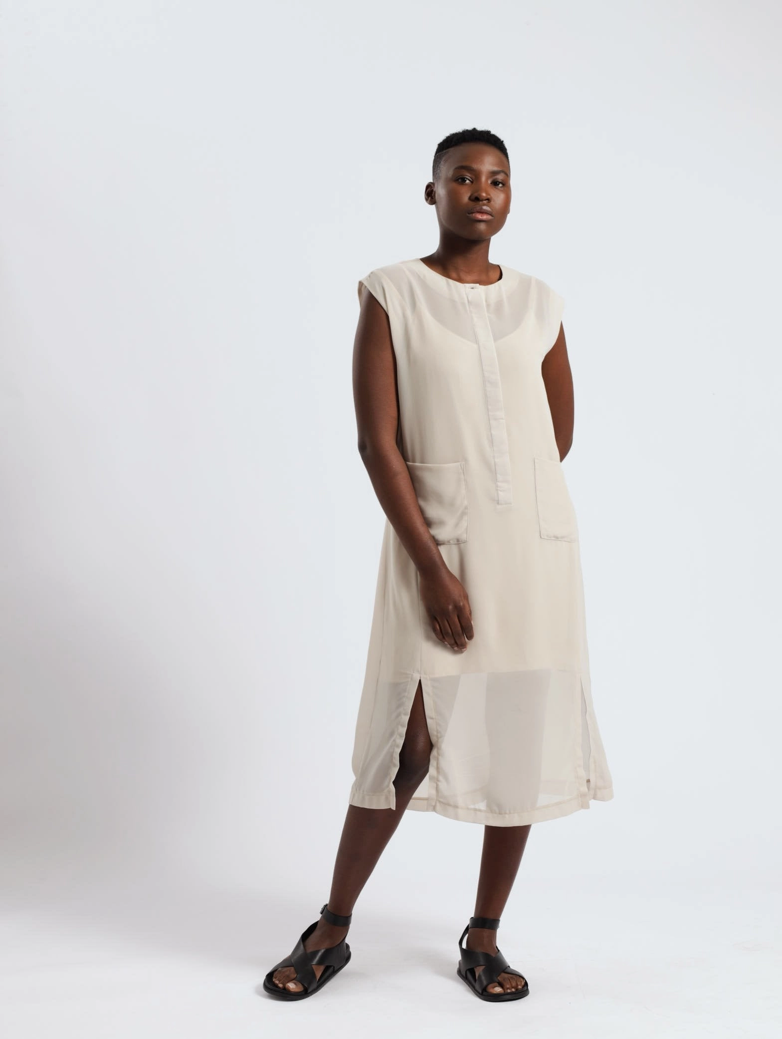 NonIrritatingLining Texture Flow Sleeveless Sheer Patch Pocket Shirt Dress - Silver