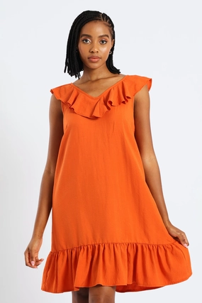 Calm Lines Sleeveless V-Neck Frill Mini Hem Dress - Burnt Orange