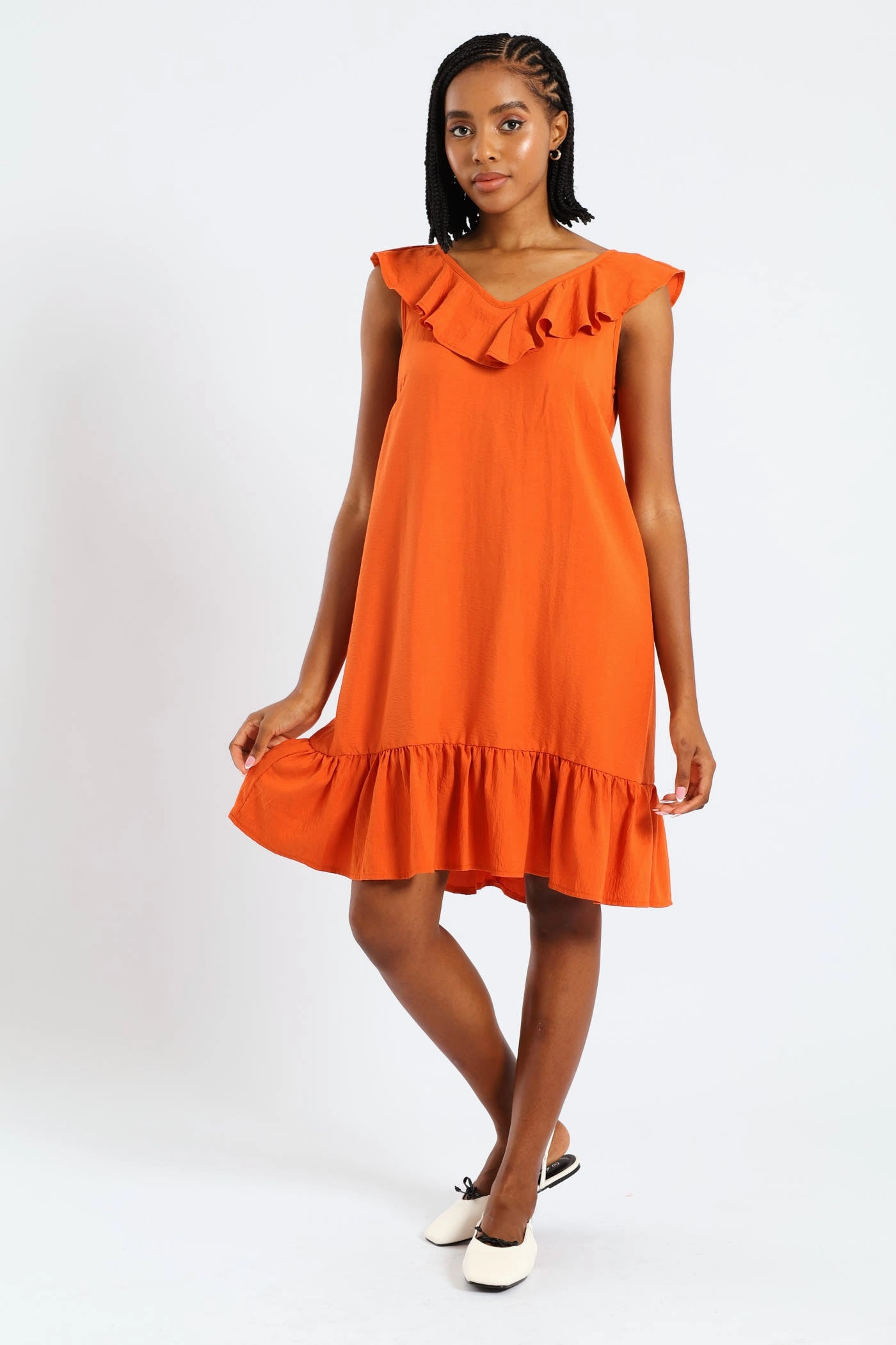 Casual and Smart Vacation Vibe Sleeveless V-Neck Frill Mini Hem Dress - Burnt Orange