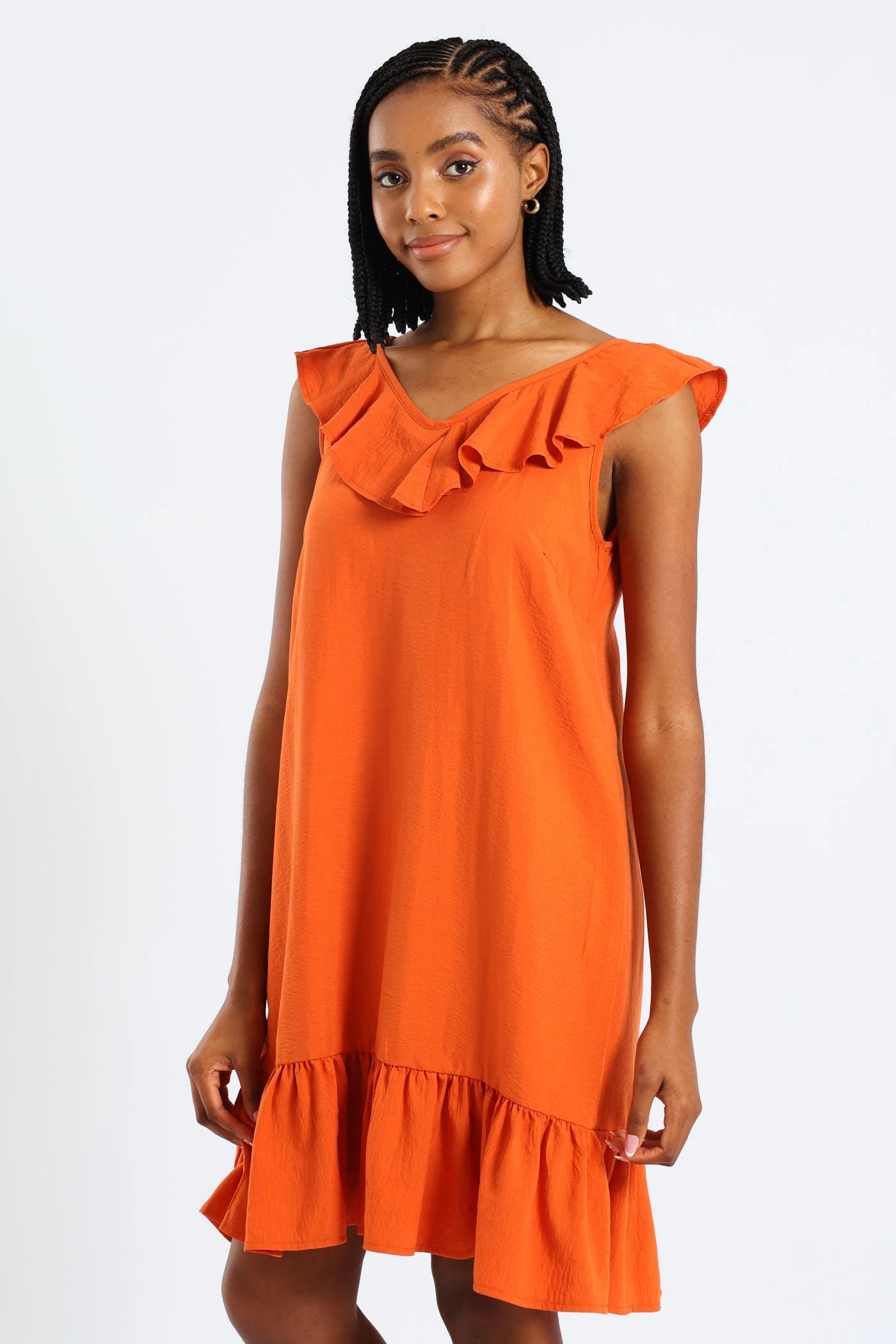 Ruched-Detail Sleeveless V-Neck Frill Mini Hem Dress - Burnt Orange