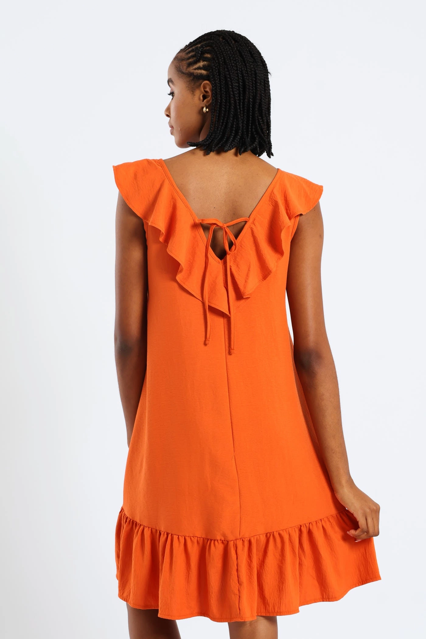 Relaxed Style Wear Sleeveless V-Neck Frill Mini Hem Dress - Burnt Orange
