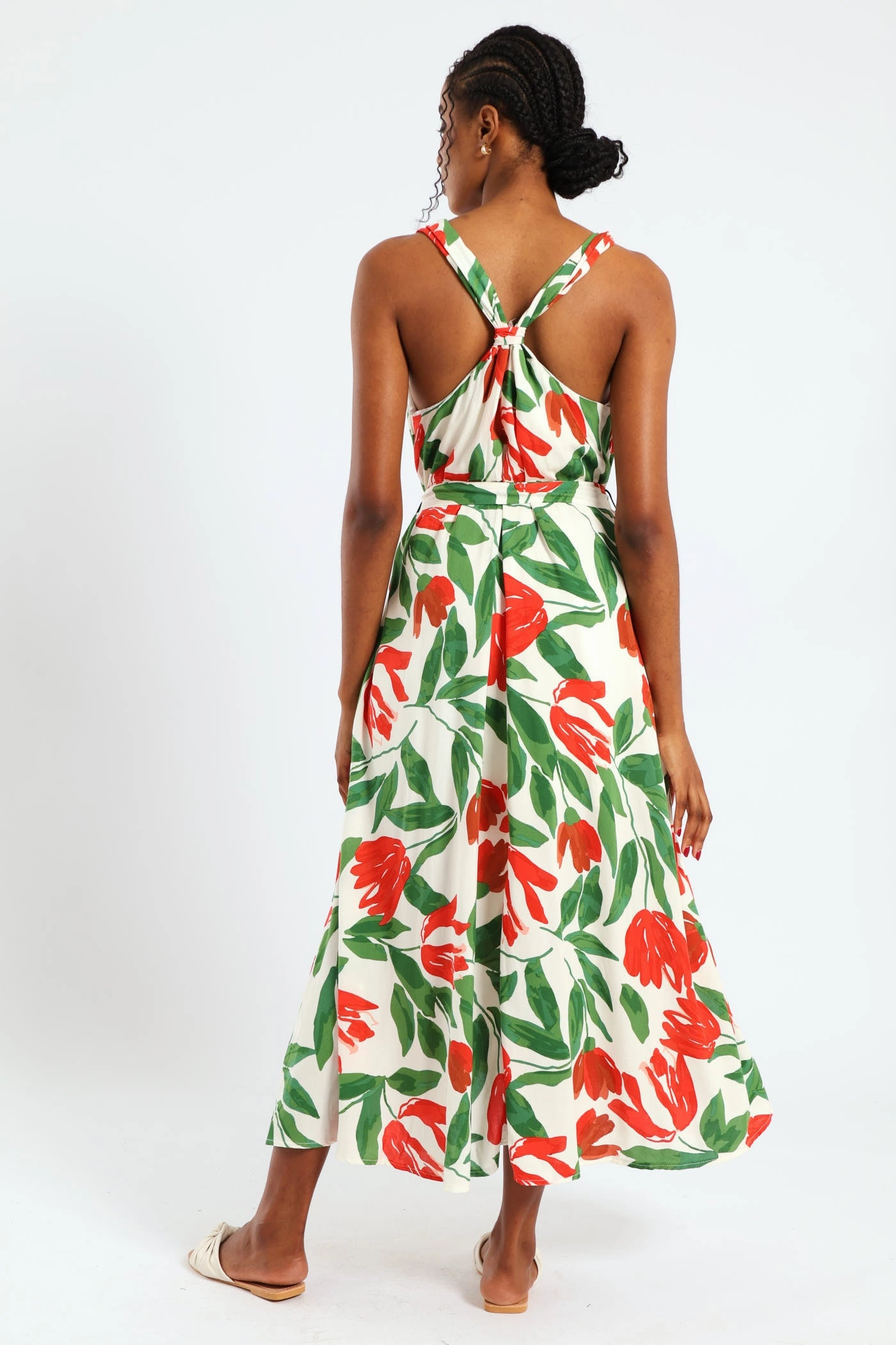 Sleeveless Wide Strap V-Neck Trapeze Midi Dress - Multi Luxe Mood