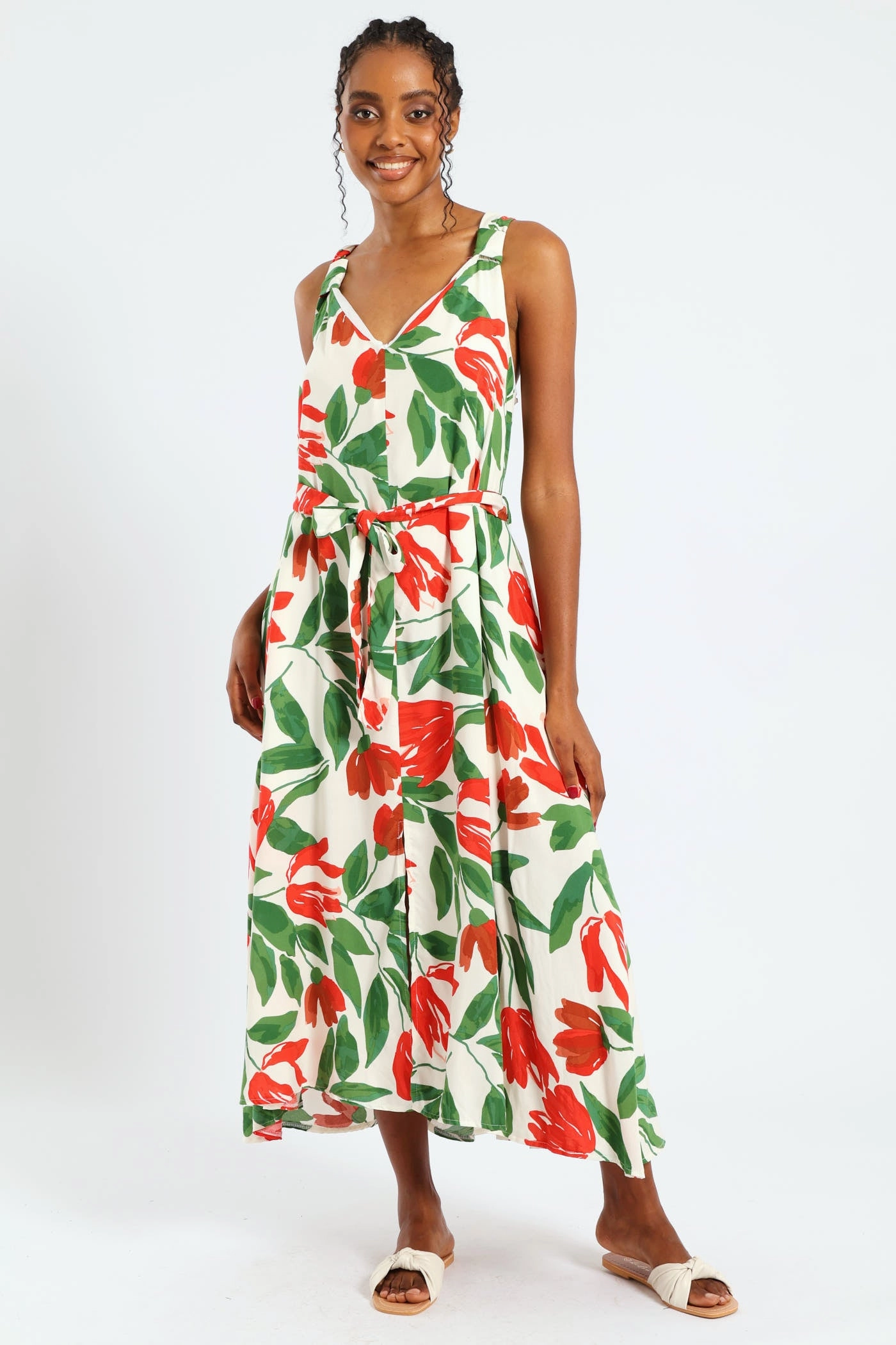 Office Layer Silky Shine Sleeveless Wide Strap V-Neck Trapeze Midi Dress - Multi