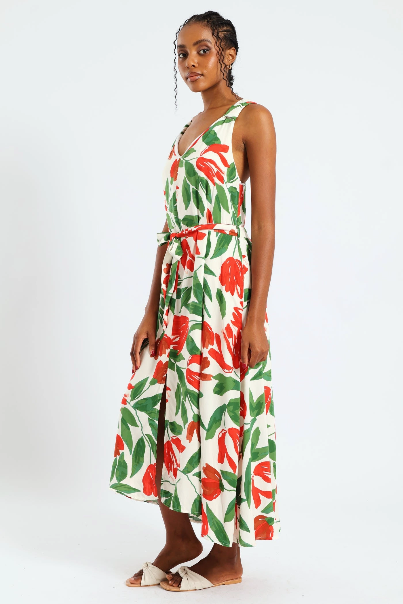 Sleeveless Wide Strap V-Neck Trapeze Midi Dress - Multi Perfect Wear