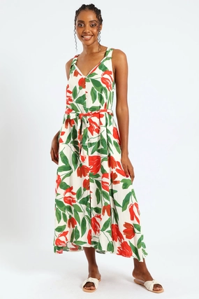 Sleeveless Wide Strap V-Neck Trapeze Midi Dress - Multi Shape Retention LightweightMaterial