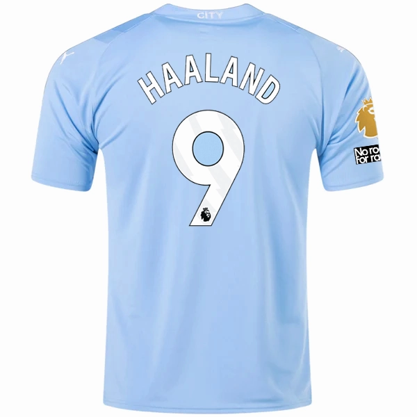 Puma Manchester City Erling Haaland Home Jersey w/ EPL   No Room For Racism   Club World Cup Patches 23/24 (Team Light Blue/Puma White) Speed Fit Anti Pilling Fabric Treatment