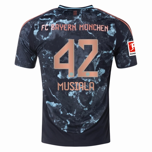 adidas Bayern Munich Jamal Musiala Away Jersey w/ Bundesliga Patch 24/25 (Black/Copper/Blue) Contrast Trim Details