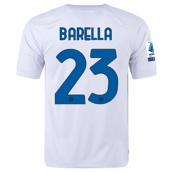 Nike Inter Milan Nicolo Barella Away Jersey w/ Series A   Copa Italia Patches 23/24 (White/Lyon Blue) Stretchable Knit Material Dynamic Movement Adaptation