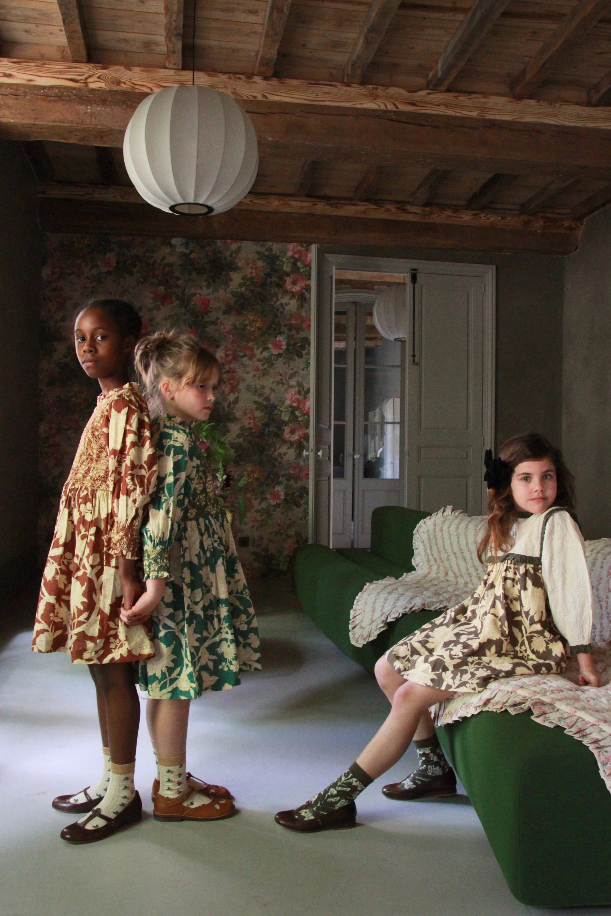 Bonjour Diary Handsmock Dress, Autumnal red brown print organic slub Effortless Comfort Confident Mood