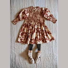 Pastel-Tone Bonjour Diary Handsmock Dress, Autumnal red brown print organic slub